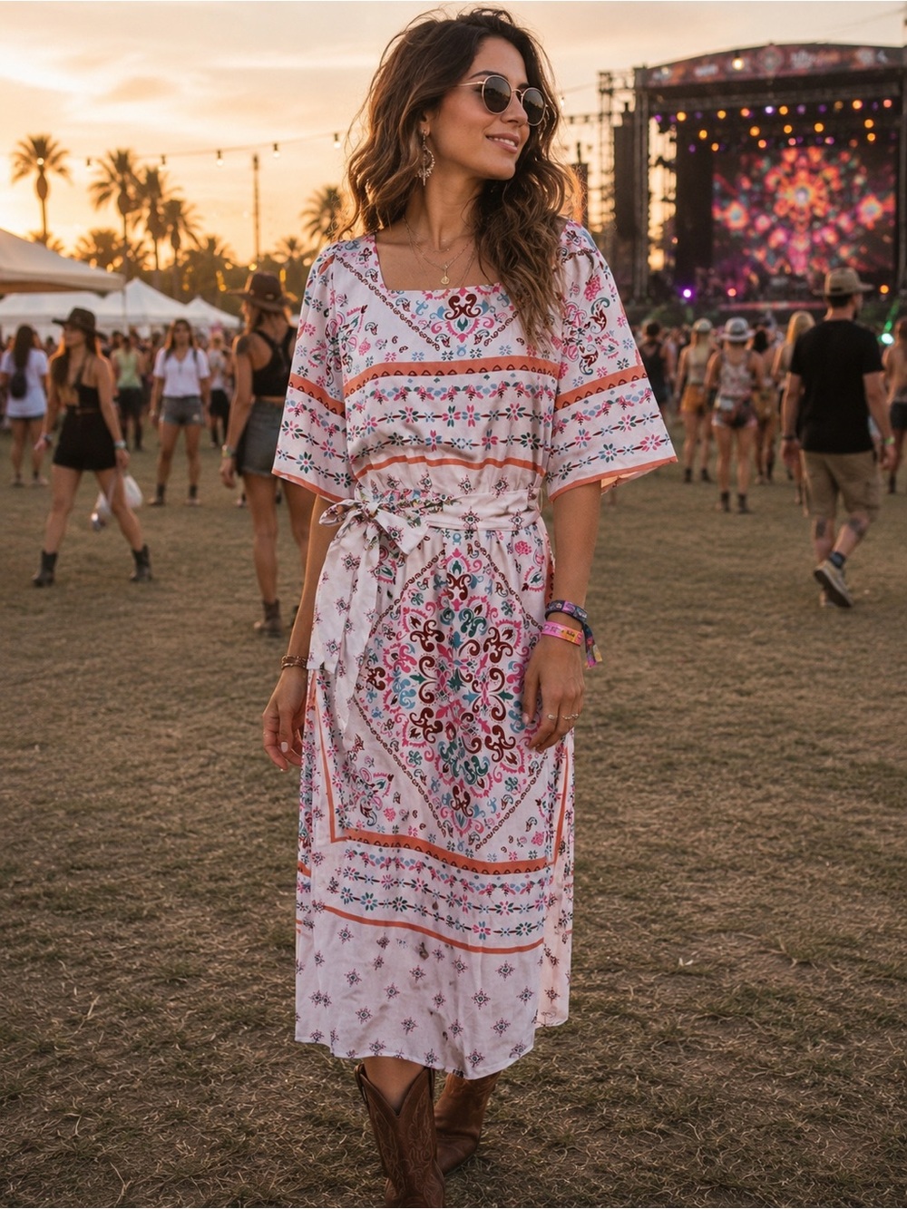 188) SHEIN Boho Paisley Midi Dress | Belted Festival Dress